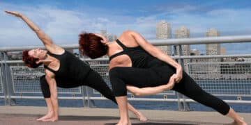 Bound Side Angle Pose and Extended Side Angle Pose side by side, highlighting shared leg, hip, and core foundation with different upper body positions.
